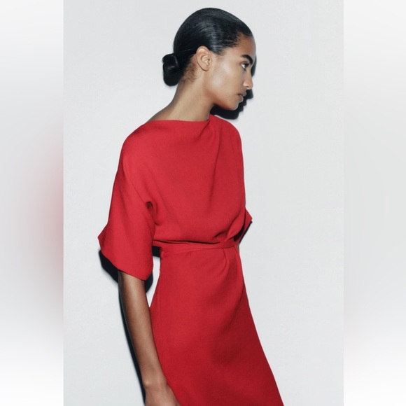 Zara Bright Red Midi Belted Side Zip Slit Short Sleeve Minimalist Slouch Dress - Picture 12 of 17